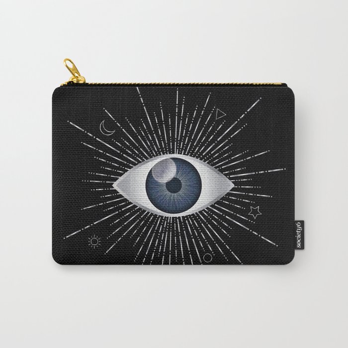 Silver and Dark Blue Evil Eye on Black Background Carry-All Pouch