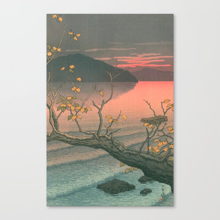 Sunset At Lake Towada, Nenokuchi - Vintage Japanese Woodblock Print Art By Hasui Kawase, 1930's. Canvas Print