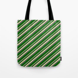 [ Thumbnail: Beige, Dim Gray & Dark Green Colored Lined Pattern Tote Bag ]