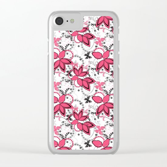 Pink black and white floral pattern . Clear iPhone Case