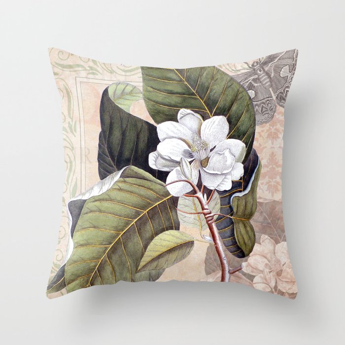 Vintage White Magnolia Throw Pillow