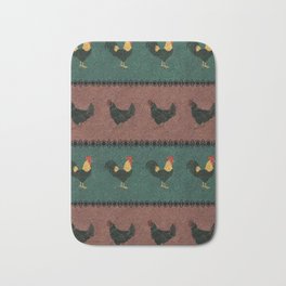 Rooster and Hen in Velvety Rustic Pattern Bath Mat | Homespun, Hen, Rusty, Domestic, Velvety, Barnyard, Fowl, Green, Farmhouse, Graphicdesign 