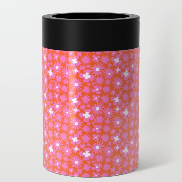 70’s Wildflowers Hot Pink On Red Pop Art Can Cooler