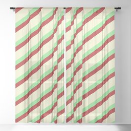 [ Thumbnail: Light Green, Red, and Light Yellow Colored Lined/Striped Pattern Sheer Curtain ]