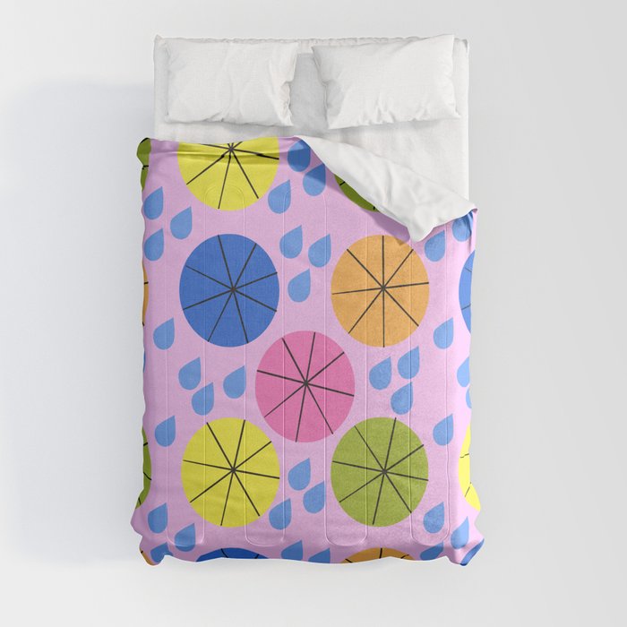 Mid-Century Modern Spring Rainy Day Umbrellas Pink Comforter