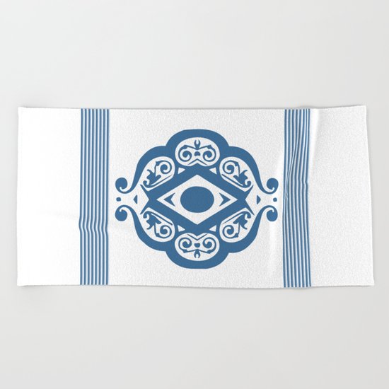 Blue White Ornate Shapes Pattern Beach Towel