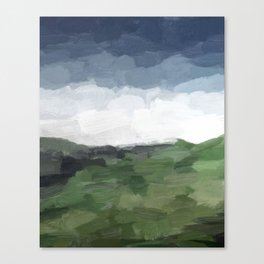 Before Nightfall - Navy Indigo Blue White Clouds Green Farmland Horizon Abstract Nature Painting Canvas Print