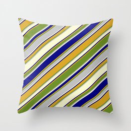 [ Thumbnail: Eyecatching Blue, Goldenrod, Green, Grey & Light Yellow Colored Pattern of Stripes Throw Pillow ]