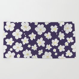 White Flowers on Navy Illustration Beach Towel