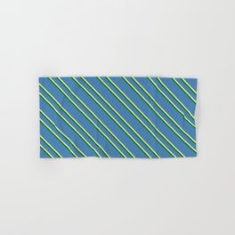 [ Thumbnail: Blue, Tan & Green Colored Striped/Lined Pattern Hand & Bath Towel ]
