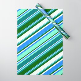 [ Thumbnail: Colorful Blue, Aquamarine, Teal, Dark Green, and Mint Cream Colored Lines/Stripes Pattern Wrapping Paper ]