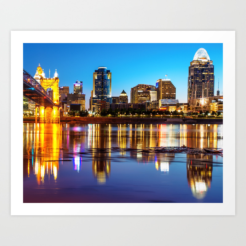Colorful Cincinnati Night Skyline Reflections Art Print By Gregoryballosfineart Society6