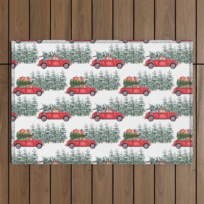 Corgis in car in winter forest Outdoor Rug