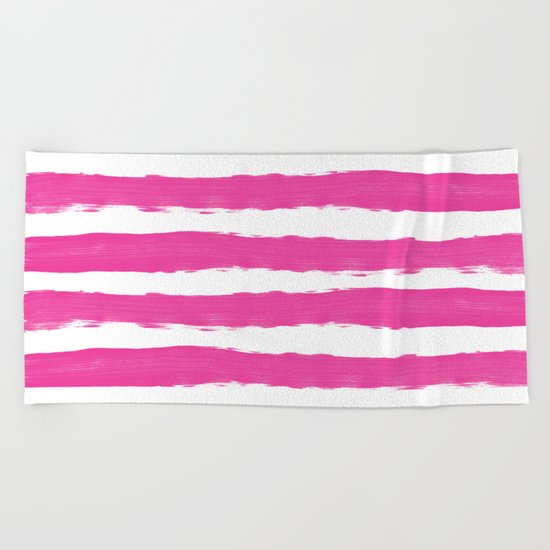 Simply hand-painted pink stripes on white background -Mix and Match Beach Towel