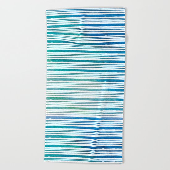 fine aqua handpainted stripes on clear white Beach Towel