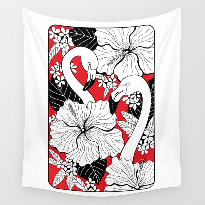 Flamingos and tropical flowers and leaves Wall Tapestry