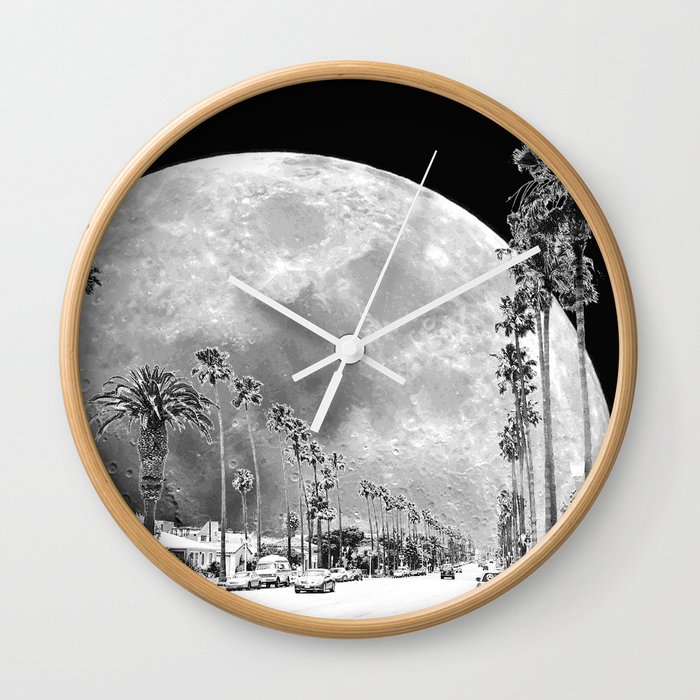 California Dream Moon Black And White Palm Tree Fantasy Art Print Wall Clock By Nononsense