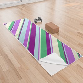 [ Thumbnail: Eye-catching Orchid, Powder Blue, Purple, Sea Green & Beige Colored Stripes/Lines Pattern Yoga Towel ]