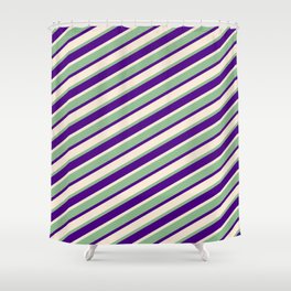 [ Thumbnail: Dark Sea Green, Indigo, and Beige Colored Lines/Stripes Pattern Shower Curtain ]