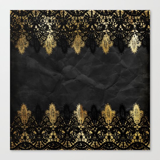 Simply elegance - Gold and black ornamental lace on black paper Canvas Print