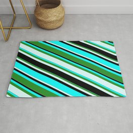 [ Thumbnail: Aqua, Forest Green, Light Cyan, and Black Colored Lines/Stripes Pattern Rug ]