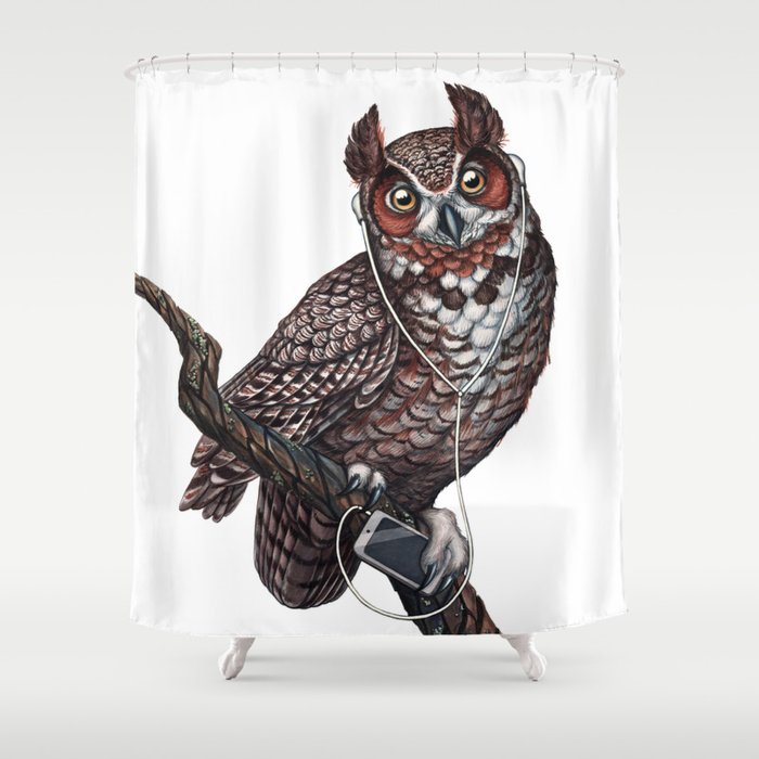 Great Horned Owl with Headphones Shower Curtain