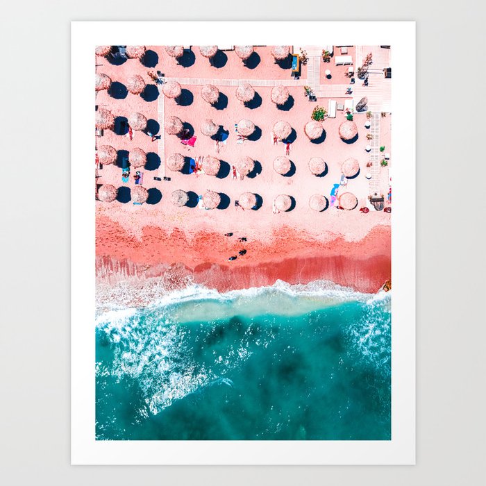 Aerial Ocean Print, Pink Beach Print, Aerial Sea Beach Print, Round Umbrellas Beach Photography, Sea Art Print Art Print