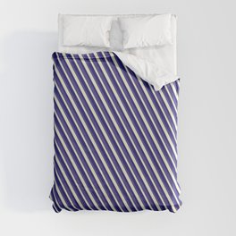 [ Thumbnail: Dark Slate Blue, Beige & Midnight Blue Colored Lined/Striped Pattern Duvet Cover ]