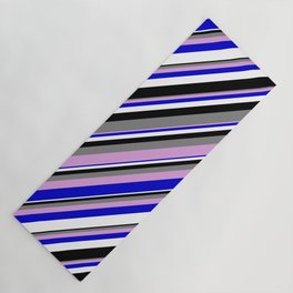[ Thumbnail: Colorful Grey, Plum, Blue, White, and Black Colored Lined Pattern Yoga Mat ]