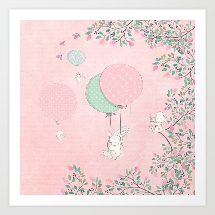 Cute Flying Bunny With Balloon And Flower Rabbit Animal On