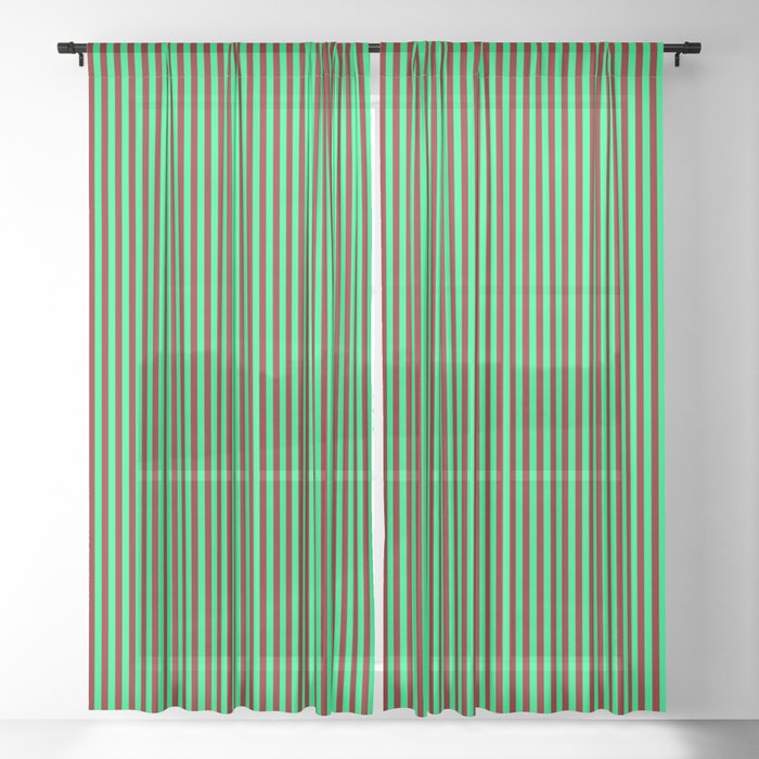Maroon and Green Colored Striped Pattern Sheer Curtain