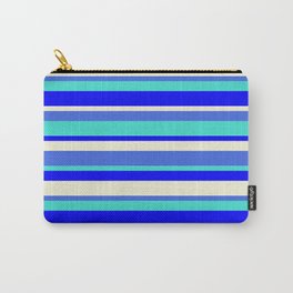 [ Thumbnail: Royal Blue, Turquoise, Blue & Beige Colored Lined Pattern Carry-All Pouch ]