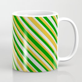 [ Thumbnail: Green, Light Gray, and Goldenrod Colored Striped Pattern Coffee Mug ]