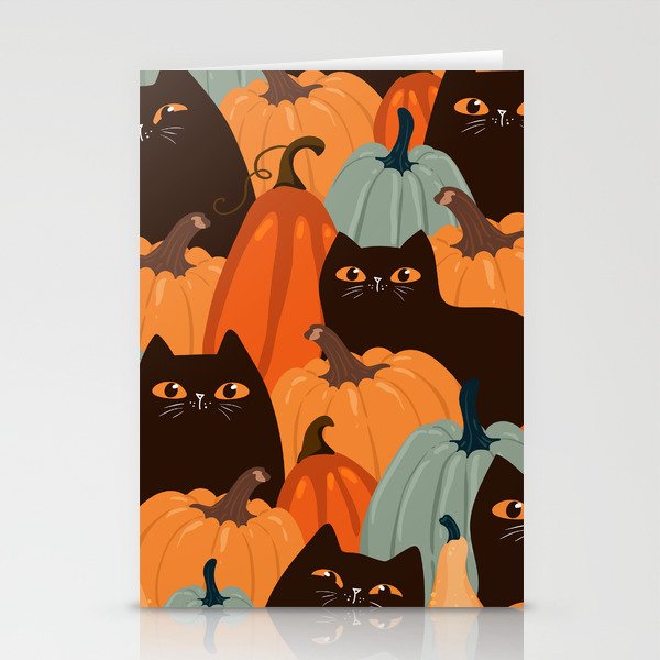 Cute seamless pattern with black cats and pumpkins. Trendy autumn colors. Vintage illustration Stationery Cards