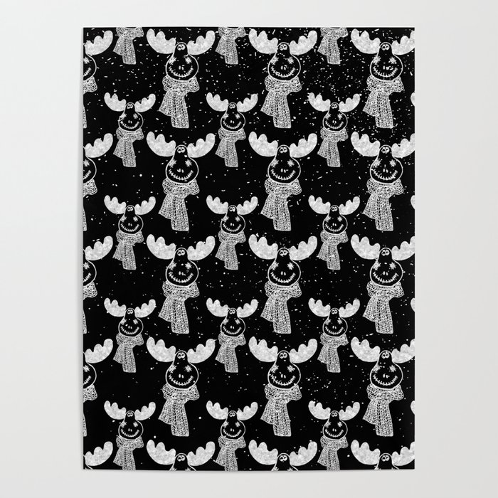 Funny Moose in Winter Snow on Black - Wild Animals - Mix & Match with Simplicity of Life Poster