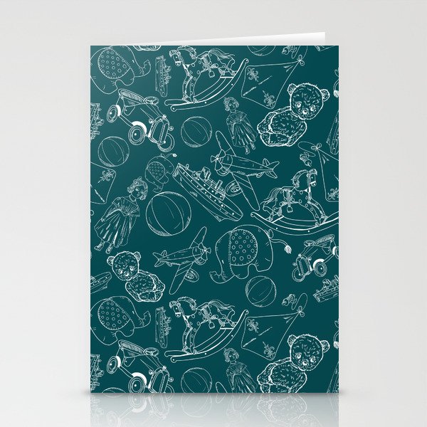 Teal Blue and White Toys Outline Pattern Stationery Cards