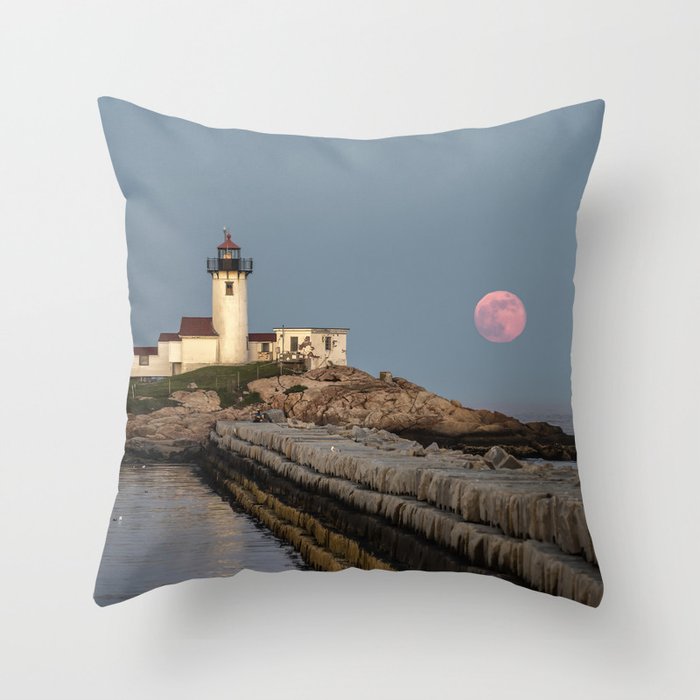 Full Flower Moon at Eastern point lighthouse Throw Pillow