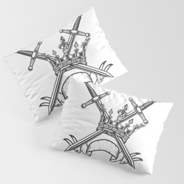 Vintage Print Royal Crown with Swords and Ribbon Monochrome Style. Black and White Pillow Sham