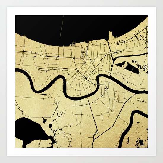 New Orleans Black and Gold Map Art Print