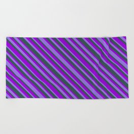 [ Thumbnail: Purple, Dark Slate Gray, and Dark Violet Colored Lines Pattern Beach Towel ]