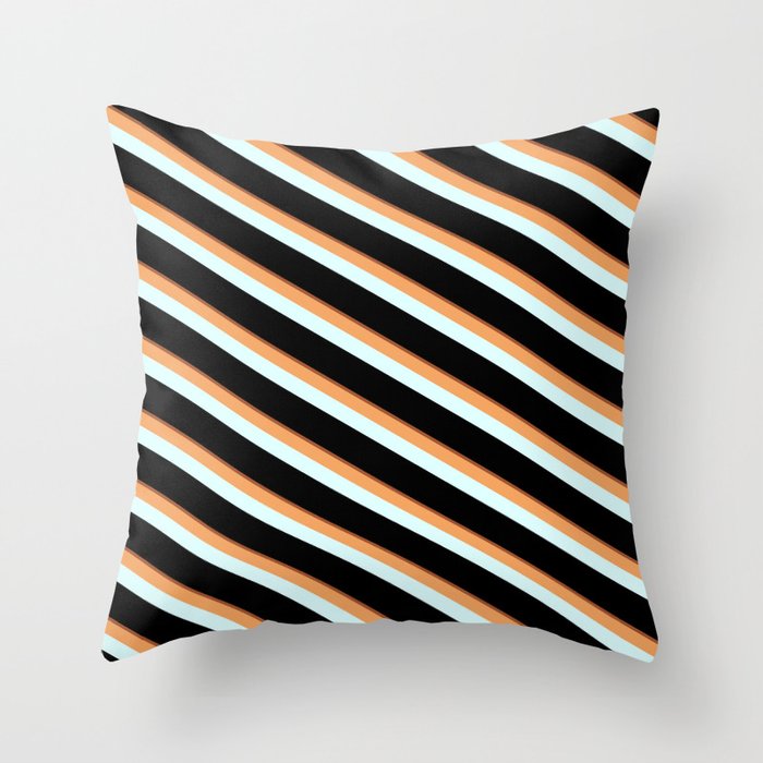 Sienna, Brown, Light Cyan, and Black Colored Striped/Lined Pattern Throw Pillow