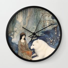 Girl and White Wolf Wall Clock