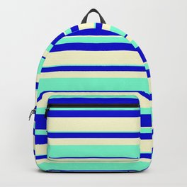 [ Thumbnail: Light Yellow, Aquamarine, and Blue Colored Striped/Lined Pattern Backpack ]