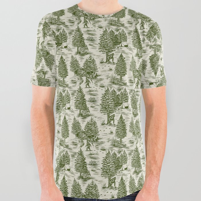 Bigfoot / Sasquatch Toile de Jouy in Forest Green All Over Graphic Tee