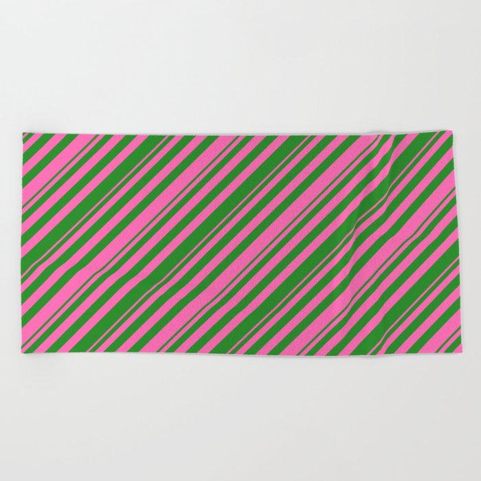 Hot Pink and Forest Green Colored Stripes Pattern Beach Towel