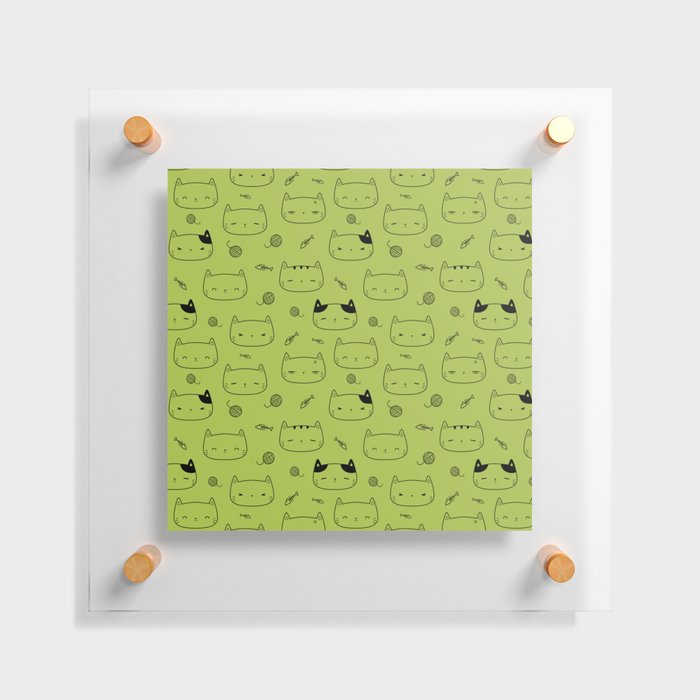 Light Green and Black Doodle Kitten Faces Pattern Floating Acrylic Print