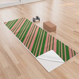 [ Thumbnail: Dark Green & Light Coral Colored Lined/Striped Pattern Yoga Towel ]