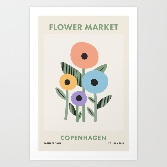 Flower Market Copenhagen, Mid Century Modern Retro Pastel Flower Print Art Print