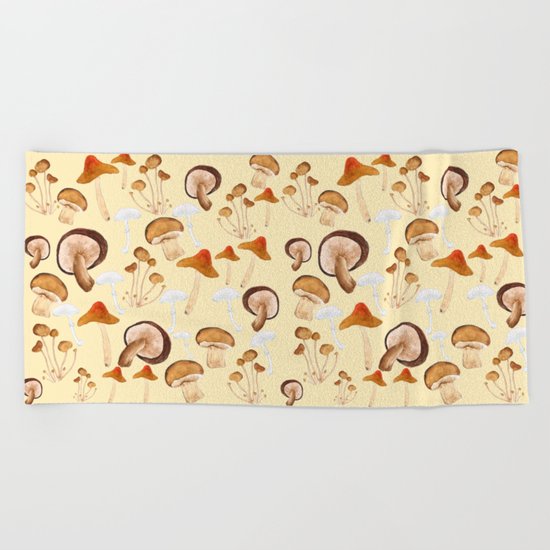 mushroom pattern watercolor painting Beach Towel