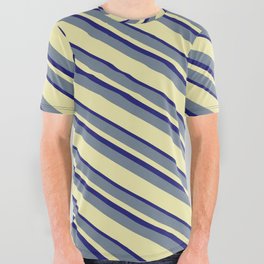 [ Thumbnail: Slate Gray, Pale Goldenrod & Midnight Blue Colored Striped/Lined Pattern All Over Graphic Tee ]
